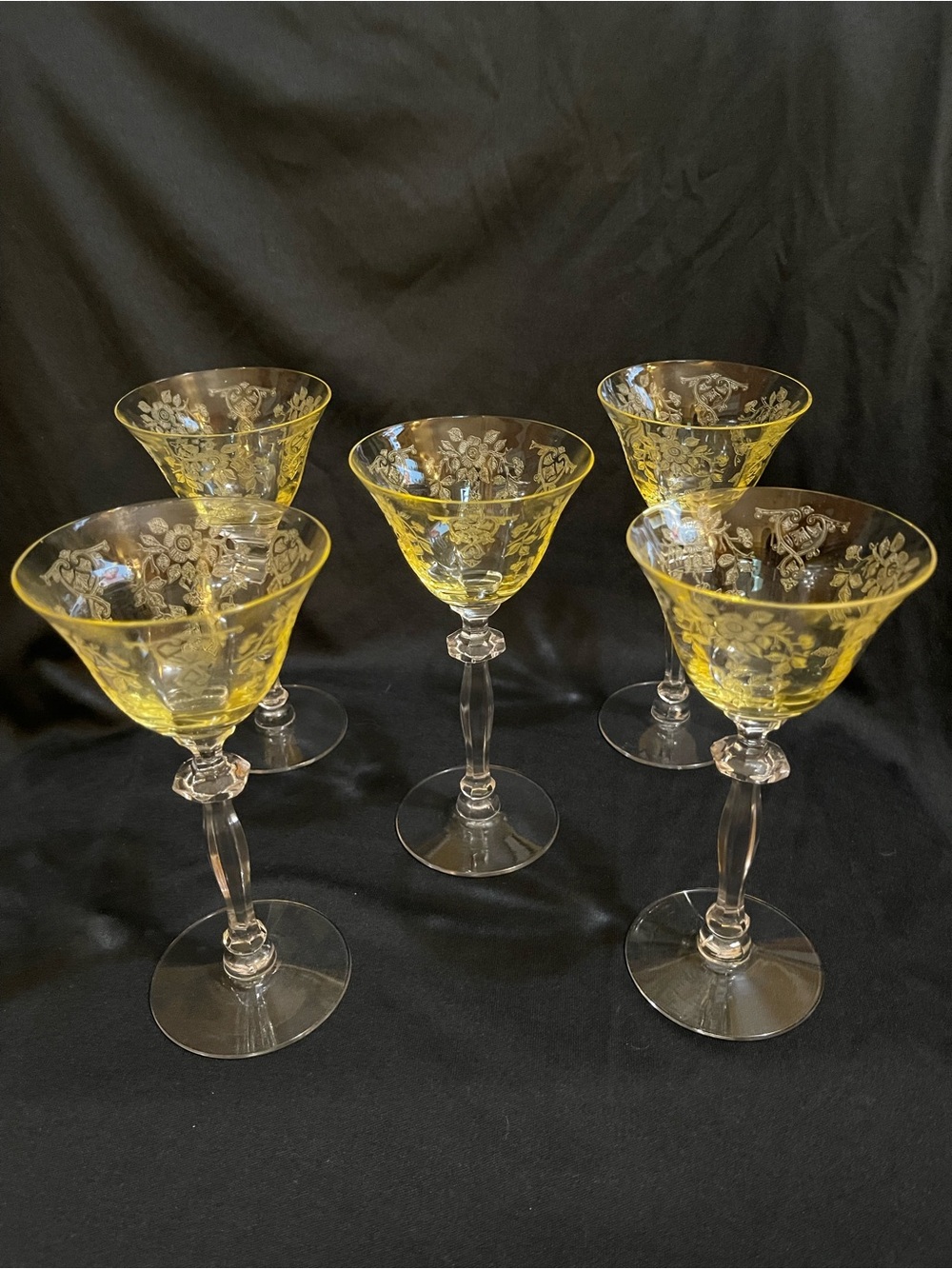 Cambridge yellow etched Apple Blossom on clear stem 6” cordial
